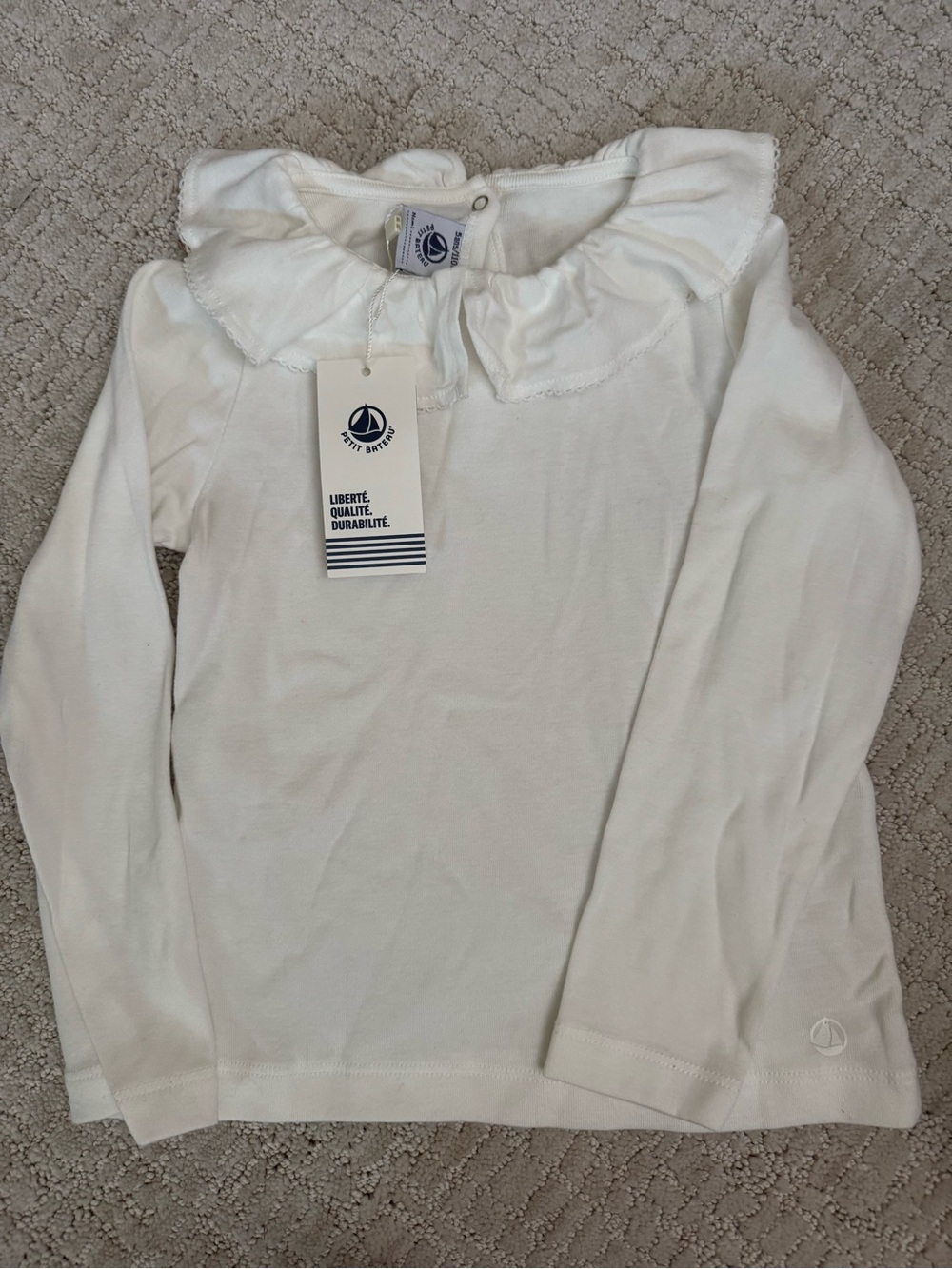 Petit Bateau White Long Sleeve Top with Ruffle Collar